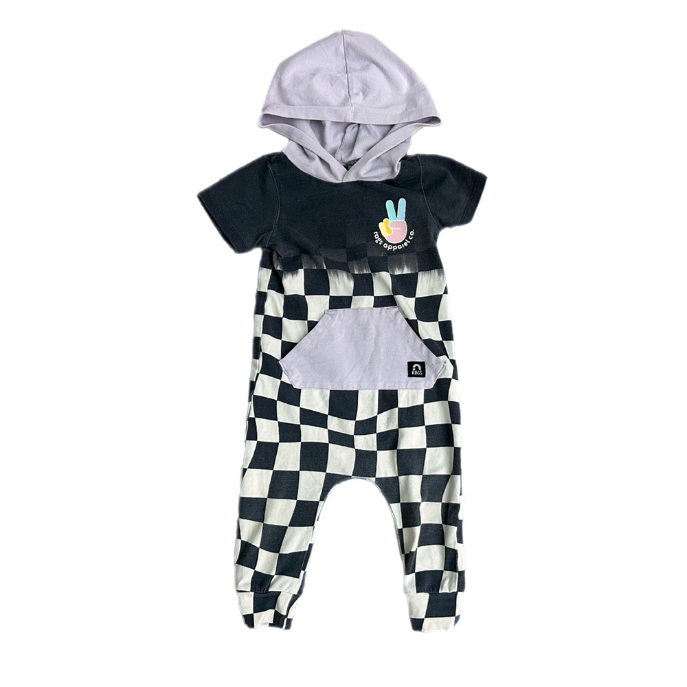 6-12m Rags to Raches Romper Racing Checkers Peace Hoodie Hooded Pocket 12 Month